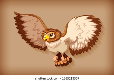 One brown owl flying on brown background illustration