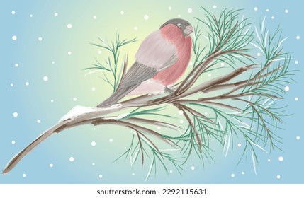 One bullfinch sitting on the branch of a pine tree during daylight hours. Snowflakes are falling all around. Vector illustration, done with watercolor brushes.