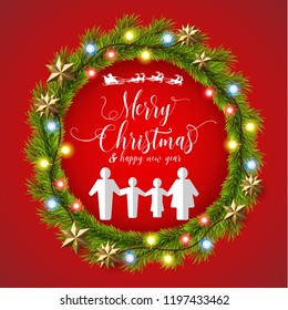one bunch of fir branches. there are decoration lights and sparkling stars. christmas background