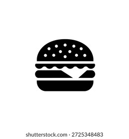 Una hamburguesa está sobre fondo transparente. La silueta incluye dos bollos, una hamburguesa de carne y queso derretido. Es un emblema de las obras relacionadas con la alimentación.