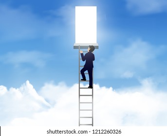 One businessman climbed up the stairs to the lighting door of success on sky. concept of business advancement and higher success and leadership in the highest organization. Vector illustrations