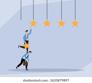 One businessman helps another reach for hanging stars, symbolizing teamwork, support, and achieving goals for a good rating or performance
