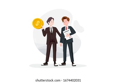 One businessman hold contract in hand and another hold golden coin. Success business concept