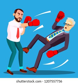 One Businessman Loser Fell To Floor, Second Lucky Businessman The Winner In Boxing Gloves Vector. Isolated Illustration
