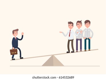 One businessman on one side of weighing scale is heavier than many executives the other side. Vector illustration in a flat style.