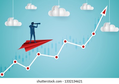 One Businessman standing holding binoculars on a paper plane flying up into the sky while flying above a arrow graph. business finance success. leadership. startup. creative idea. cartoon vector