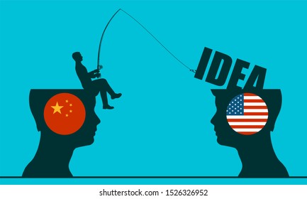 One businessman steal the idea from another. Commercial spying concept. National flags of USA and China