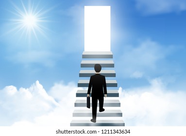 One businessman walk up the stairs to the lighting door of success on sky. concept of business advancement and higher success and leadership in the highest organization. Vector illustrations