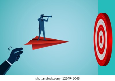 One Businessmen standing holding binocular on a paper plane fling go to target Circle red. Business success goal. creative idea. leadership. cartoon vector illustration
