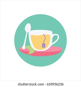 one button for web. english tea in england. cup of tea flat design style simple with tea bag modern isolated vector on a saucer or plate. green mint leaf on lemon tee in a rounded circle illustration.