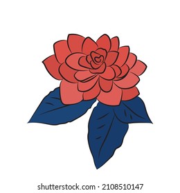 one Camellia flower red and blue. Lush bud isolated on white background. Line art simple botanical, for wedding cards, invitations