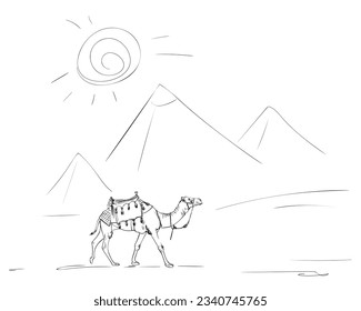 One camels walking in front of pyramids under hot sun line sketch, Egypt hand drawn illustration coloring page