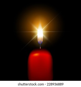 One candle flame at night closeup - isolated, macro. Vector illustration