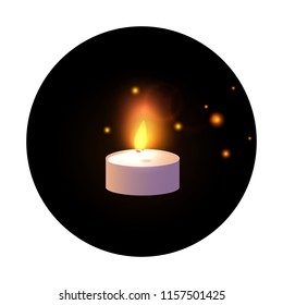 One Candle. Vector illustration isolated on black round, sticker background.