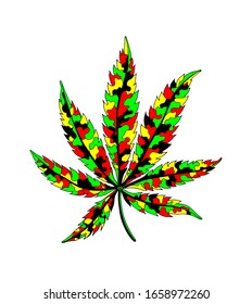 Ein Cannabisblatt in hellgrüner, roter, gelber, schwarzer Farbe, ein mehrfarbiges, stylisiertes Cannabisblatt auf weißem Hintergrund. Vektorillustration.