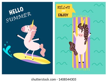 one card with a unicorn surfing, the second short one with a unicorn enjoying summer
