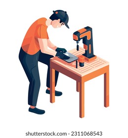 One carpenter repairing wood material with machinery icon isolated