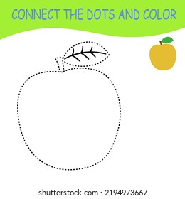 One cartoon apple. Restore dashed line and color picture. Trace game for children. Easy educational kid game. Simple level of difficulty.