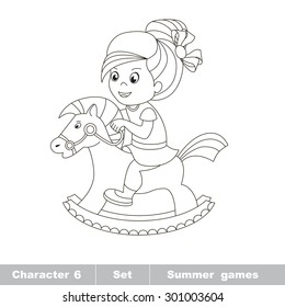 One cartoon baby girl play her rocking horse. Baby character. Game for children. Page to be color.