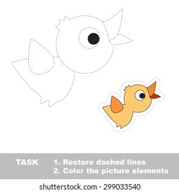 One cartoon bird. Restore dashed line and color picture! Trace game for children. 