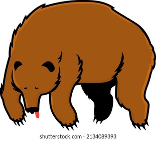 One cartoon brown bear on side view simple logo illustration, dead bear with outstretched tongue, weak bear in the air with lowered paws