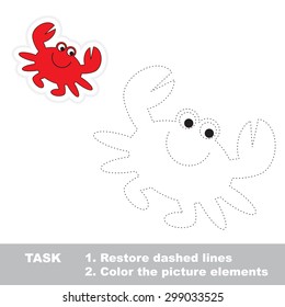 One cartoon crab. Restore dashed line and color picture! Trace game for children. 