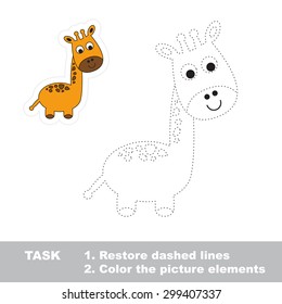 One cartoon funny giraffe. Restore dashed line and color picture! Trace game for children. 