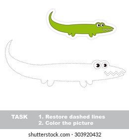 One cartoon green alligator to be traced. Restore dashed line and color picture! Trace game for children.