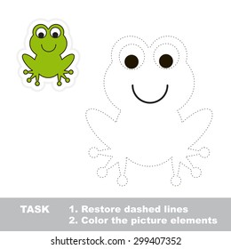 One cartoon green frog to be traced. Restore dashed line and color picture! Trace game for children.