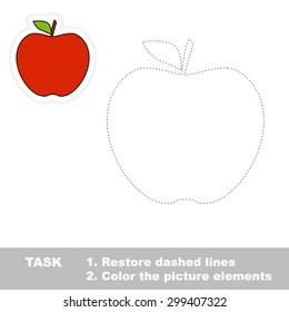Una manzana roja de dibujos animados. ¡Restaurar la línea discontinua y la imagen a color! Juego de rastreo para niños.