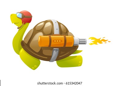 One cartoon turtle flying with jet thrust, speed leader conceptual, isolated