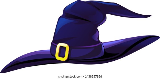One cartoon witch hat with golden buckle in side view isolated illustration, Halloween accessory