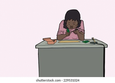 One cartoon woman using soldering iron at desk