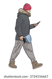 Um cidadão casual em jaqueta andando ao ar livre, olhando para o smartphone, visão de perfil, ilustração de vetor desenhada à mão