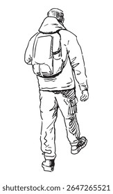 One casual man tourist with backpack striding outdoors,back view, contour freehand realistic drawing, vector illustration isolated on white