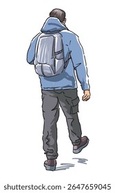 One casual man tourist with backpack striding outdoors, back view, freehand realistic drawing, vector illustration isolated on white