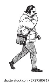 Un ciudadano moderno casual en gafas de sol de la chaqueta, auriculares que caminan al aire libre, usando el smartphone, bosquejo de la vista del perfil, Ilustración vectorial dibujada a mano