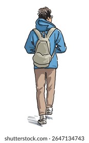 One casual young man tourist with backpack walking outdoors, rear view, freenahd realistic drawing, vector illustration isolated on white background
