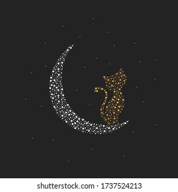 Un gato dibujado con puntos se sienta sobre una Media Luna. Plantilla de vectores para tarjetas de felicitación.