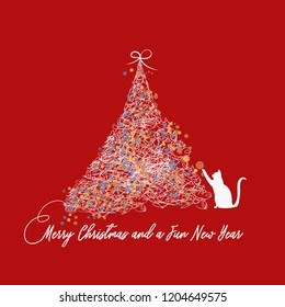 One cat playing with the Christmas tree. Sketch style vector on red background. White lines and colored balls.