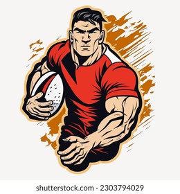 Eine kaukasische Rugby-Herren-Spieler-Silhouette einzeln auf weißem Hintergrund. Kontaktieren Sie das Fußballsportspiel. Cartoon, Vektorgrafik, Etikett, Aufkleber