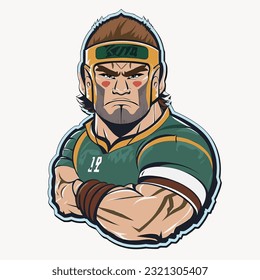 One caucasian rugby men's player silhouette isolated on white background. Contact ball sports game. cartoon vector illustration, label, sticker