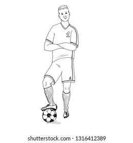 one caucasian soccer player man  isolated white background    vector sketch  line drawing