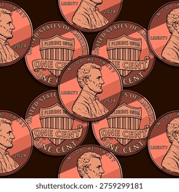One cent coins on a dark brown background. Infinite pattern, abstract background, seamless pattern. Ideal for fabric, wallpaper, wrapping paper, or digital backgrounds.