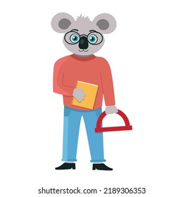 One character from the collection: A koala math and geometry teacher with a book and a ruler in his hands.