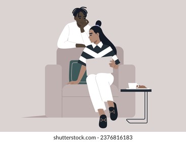 One character seeking advice from another and sharing their laptop screen to display the file of concern