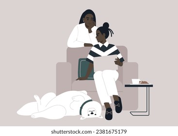 One character seeking advice from another and sharing their laptop screen to display the file of concern, a funny Samoyed dog lies on its back at their feet