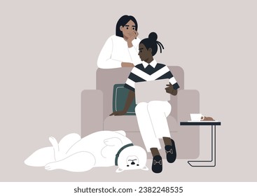 One character seeking advice from another and sharing their laptop screen to display the file of concern, a funny Samoyed dog lies on its back at their feet