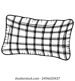 Una almohada rectangular a cuadros. Acogedora decoración de otoño, invierno. Ilustraciones vectoriales en estilo de boceto dibujado a mano aislado en blanco. Gráfico de contorno negro para imprimir, libro para colorear