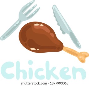 One chicken leg, a fork and a knife clipart icon. Vector isolated kawaii image on white background. Fastfood for restaurant menu design. Flat design image concept, top view. Doner kebab ingredient